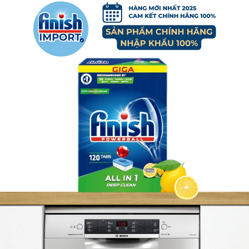 Hộp 120 viên rửa chén Finish All in 1 GIGA – (6x tính năng trong 1 viên – Hương Chanh) – (Dành cho máy rửa chén 9-10-12-13 bộ trở xuống).